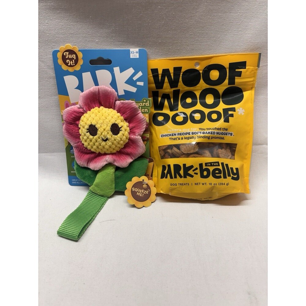 BARK Backyard Garden Flower Dog Toy XS-M + Chicken Soft-Baked Treats 10oz